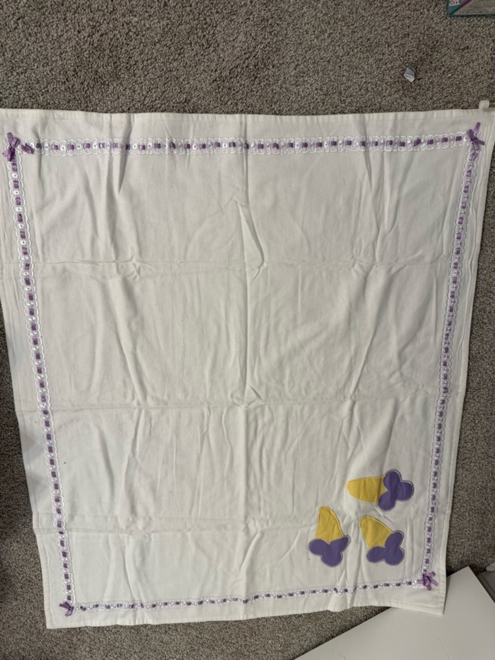 White Flannel Custom MadeBaby Blanket with Purple and Yellow ice cream Appliqués
